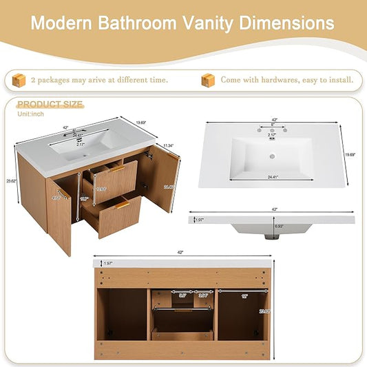 42 Inch Floating Bathroom Vanity with Thick SMC Countertop Single Sink, Wall Mounted Bathroom Vanities Wood Grain Vanity for Bathrooms with 2 Soft-Close Doors 2 Fluted Drawers, Easy Assembly (Wood)