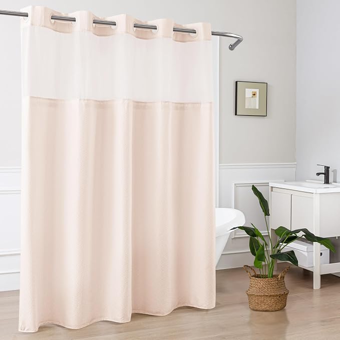 No Hook Shower Curtain with Snap-in Liner, Embossed Waffle Design Fabric Shower Curtain for Bathroom, Soft & Lightweight, 71x74, Pink