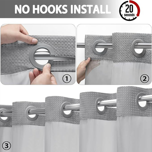 No Hook Shower Curtain with Liner Set Hotel Waffle Curtain Grey 78W X 75L | Washable Snap in Fabric Liner, Mesh Top Window, Waffle Hotel Style Shower Curtain Set