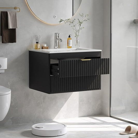 24 Inch Floating Bathroom Vanity Without Sink, Bathroom Wall Cabinet with 2 Fluted Drawers & Metal Handle, Wall Mounted Cabinet for Bathrooms (Black, 24 inch, Without Sink)