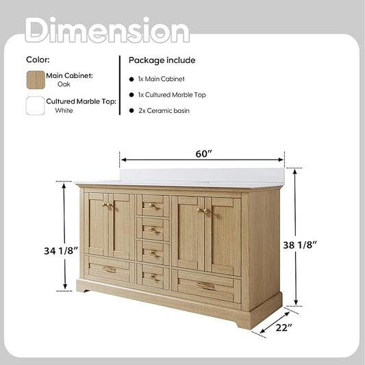 WELLFOR 60" Bathroom Vanity with Double Sinks, Bathroom Freestanding Vanity W/4 Soft-Close Doors and 6 Drawers, Large Storage Space Vanity, Bathroom Vanity with Cultured Marble Countertop (Oak)