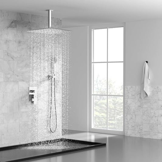 SR SUN RISE 16 Inches Polished Chrome Shower Faucet System Bathroom Luxury Rain Mixer Shower Faucet Set Ceiling Mounted Rainfall Shower Head Set (Contain Shower Faucet Rough-In Valve Body and Trim)