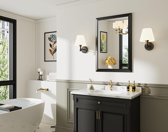 Black Metal Framed Bathroom Wall Mirror, 24x36 Inch | Anti-rust, HD tempered glass, for bathroom vanity, bedroom, living room, horizontal or vertical mount
