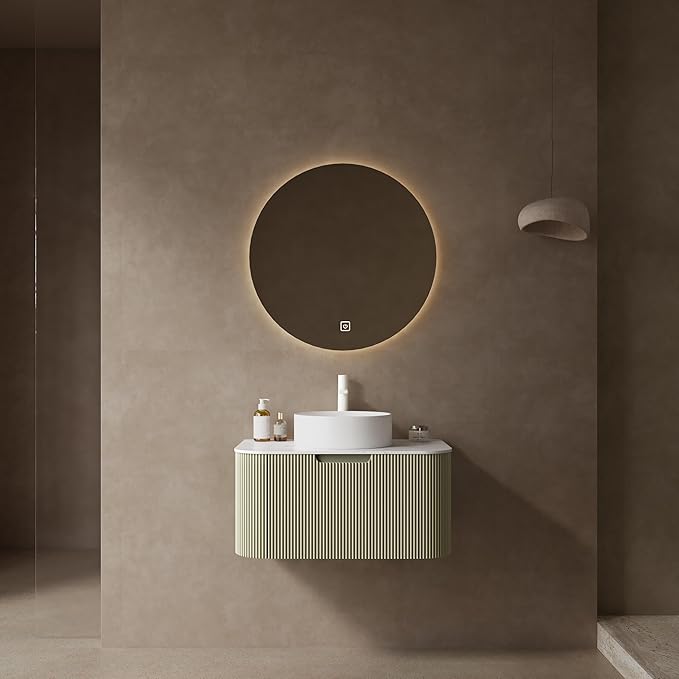 Yayzy 30" Floating Bathroom Vanity with Sink, Solid Wood Fluted Cabinet, White Round Ceramic Basin & Faux Marble Top, Soft-Close Drawer, Pre-Assembled, Light Green