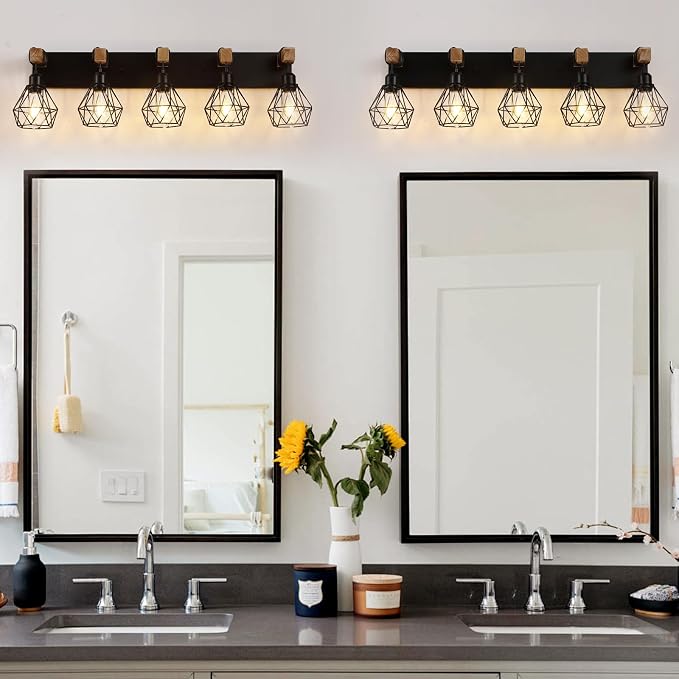 Farmhouse Vanity Light for Bathroom, 5-Light Wood Bathroom Vanity Light Fixtures Over Mirror, Rustic Sconces Wall Lighting with Metal Lampshade for Living Room, Bedroom, Hallway