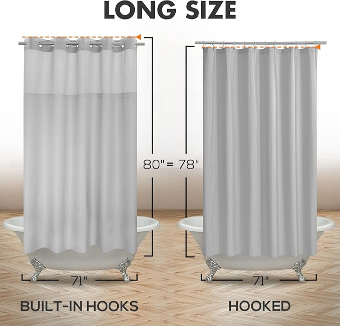 River Dream No Hook Long Shower Curtain with Snap-in Liner 71x80, Grey | Snap on/off Waterproof PEVA Liner, See Through Top Window, Slub Textured, Hotel Style Shower Curtain Set, 71W x 80H