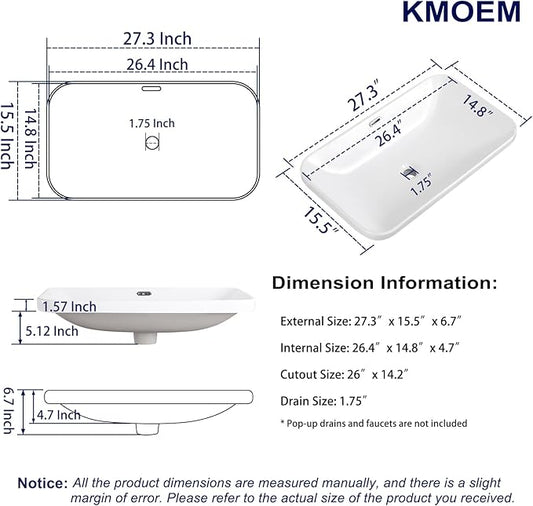 Vessel Sink 27"x16" Semi Recessed Bathroom Sink Drop-in White Bathroom Sink Porcelain Ceramic Modern Rectangular Sinks Drop-in Vanity Sinks with Overflow for Bathrooms