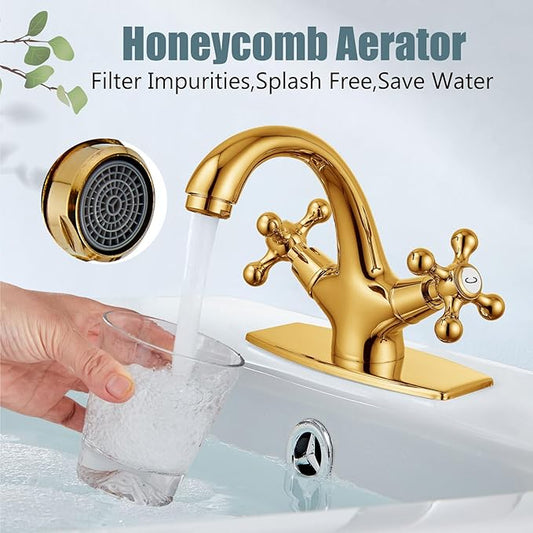 Aolemi Bathroom Sink Faucet Single Hole Cold and Hot Double Handle Cross Knobs Vanity Vessel Sink Basin Mixer Tap with Deck Cover Plate with Pop Up Drain Polish Gold