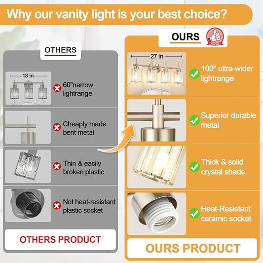 Modern Crystal Vanity Light Fixtures, 4-Light Brushed Nickel Bathroom Vanity Lighting Over Mirror, Bathroom Light Fixture with K9 Clear Crystal Shades for Bedroom, Living Room, Hallway