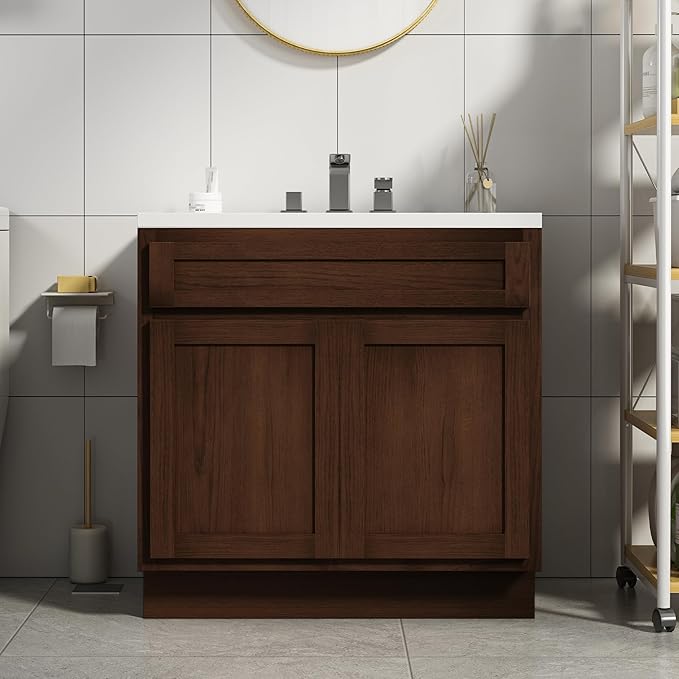 HomeBeyond 36 Inch Bathroom Vanity Base Only, Single Vanity Cabinet with Double Soft Closing Door, Composable Floor Mount Cabinets Without Top, Rustic Brown