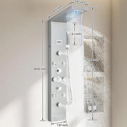 FUZ Shower Panel Tower System, Stainless Steel 6 IN 1 Shower Panel System with LED Fancy Rain Shower Head and Handheld, Adujstable Rainfall Massage Body Jets and Tub Spout, Brushed Nickel Shower Tower