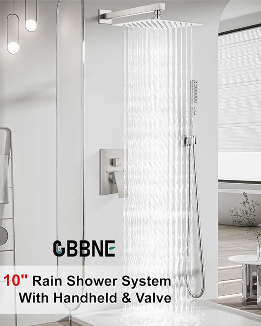 Shower Faucet Set 10-Inch Rain Shower System Brushed Nickel | Square SUS304 Shower Head, Dual-Mode Hand Spray, 59-Inch Hose and Brass Rough-In Valve for a Complete Wall-Mount Installation