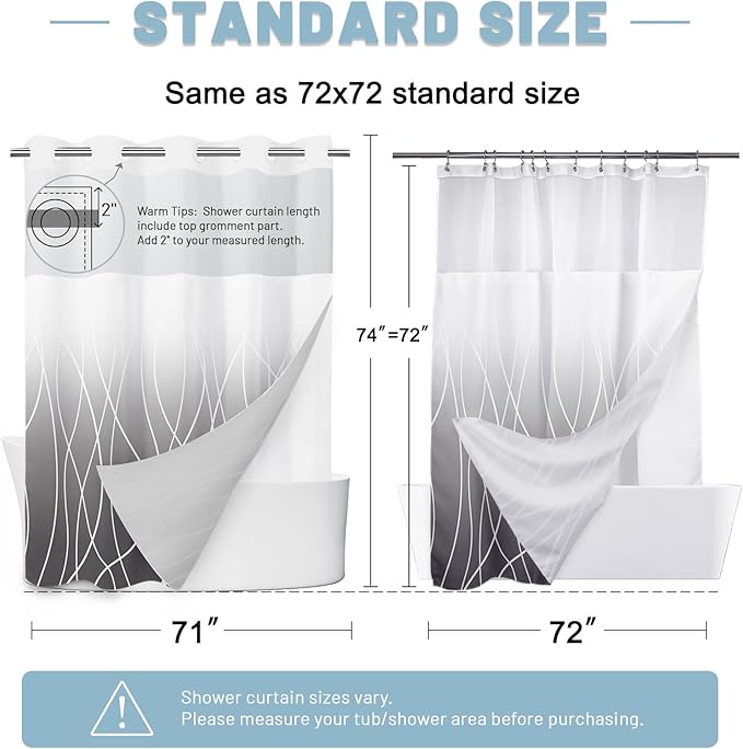 No Hook Shower Curtain with Liner, Ombre Dark Grey, 71 x 74 Inch | Stripe Pattern,Waterproof,Quick Dry,Mesh Top Window,Bottom Magnets,Hotel Style,Machine Washable,Modern,for Bathroom
