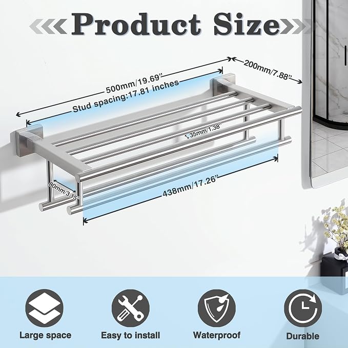 Alise Double Towel Rack for Bathroom Wall Mounted 20 Inch,Brushed Nickel | Bathroom Tower Holder Towel Shelf with Double Towel Bars,SUS304 Stainless Steel Towel Rack with Shelf