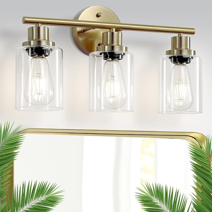3-Light Brushed Gold Vanity Lights, E26 Modern Bathroom Light Fixtures with Clear Glass Shade, Wall Lamps for Mirror Kitchen Hallway Cabinet Living Room Sconces Lights