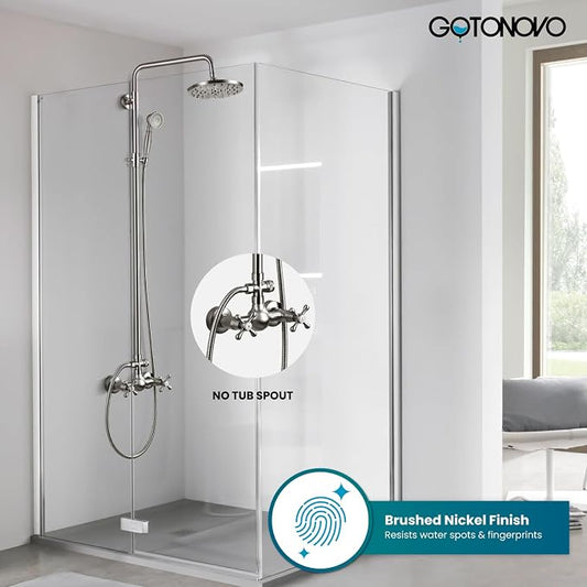 gotonovo Exposed Shower System 8ββ Head with Handheld Brushed Nickel | Brass Exposed Bathroom Shower Faucet Set Fixture,6ββ Hole Distance,2 Cross Handle,Adjustable Height,Wall Mount Indoor/Outdoor