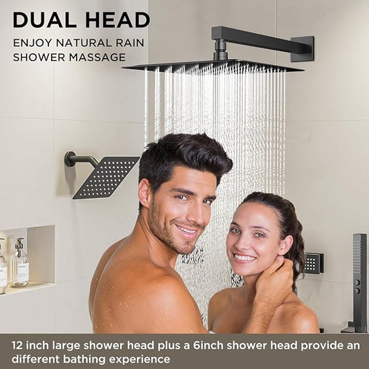 Shower Faucet Sets Matte Black Shower System,STARBATH 4 Way 12+6" Dual Head Shower Set Complete with 2 in 1 Handheld,Wall Mounted Rainfall Shower Head with 4 Body Spray Jets, Shower Jets System