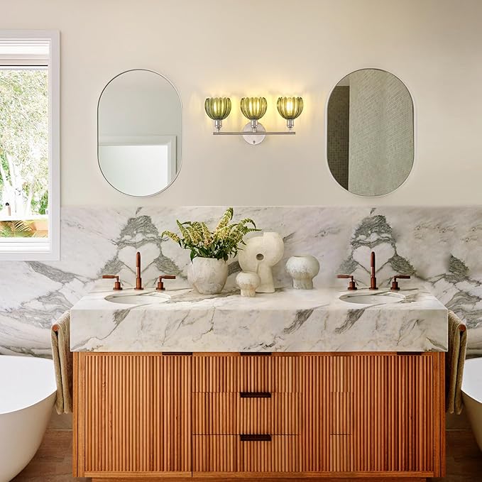 Bathroom Light Fixtures, 3-Light Vanity wall Light Over Mirror with Green Tulip Glass Shade for Bedroom Living Room (Bulb Not Included), Satin Nickel