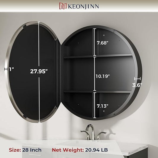 Keonjinn 28 x 28 in Round Medicine Cabinets for Bathroom, Brushed Nickel Surface Mount Medicine Cabinet, Circle Medicine Cabinet with Mirror, Adjustable Shelves Framed Bathroom Mirror with Storage