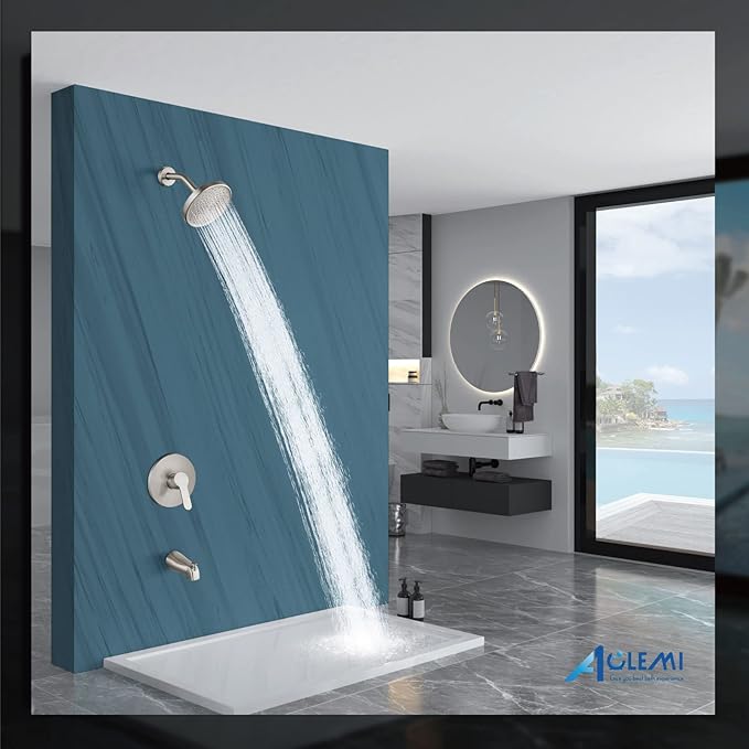 Aolemi Tub Shower Faucet Set With Valve Wall Mount Shower Trim Kit 6 Inch Bathtub Fixtures Rough-in Valve Single-Spray Shower Head System 5.3 Inch Tub Spout Brushed Nickel Modern