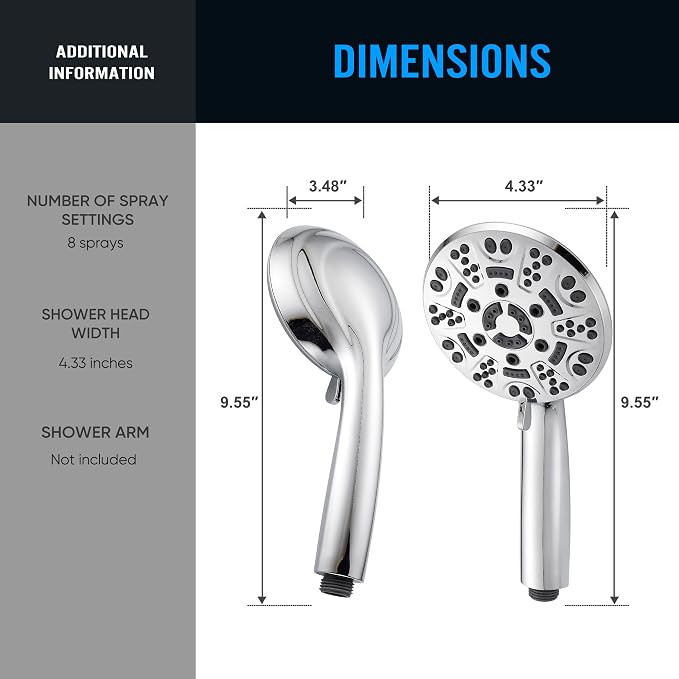 Cobbe 8-Setting Handheld Shower Head, Water-Saving Design, Chrome | Trickle Pause Mode, 5ft Stainless Steel Hose, Brass Swivel Bracket, Tool-Free Installation