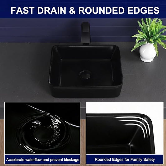 Vessel Sink 19"x15" Rectangular Bathroom Sink Modern Black Porcelain Ceramic Above Counter Drop-in Vanity Sink for Bathrooms Art Basin | Modern Porcelain Ceramic Drop-in Vanity Sink for Bathrooms Art Basin
