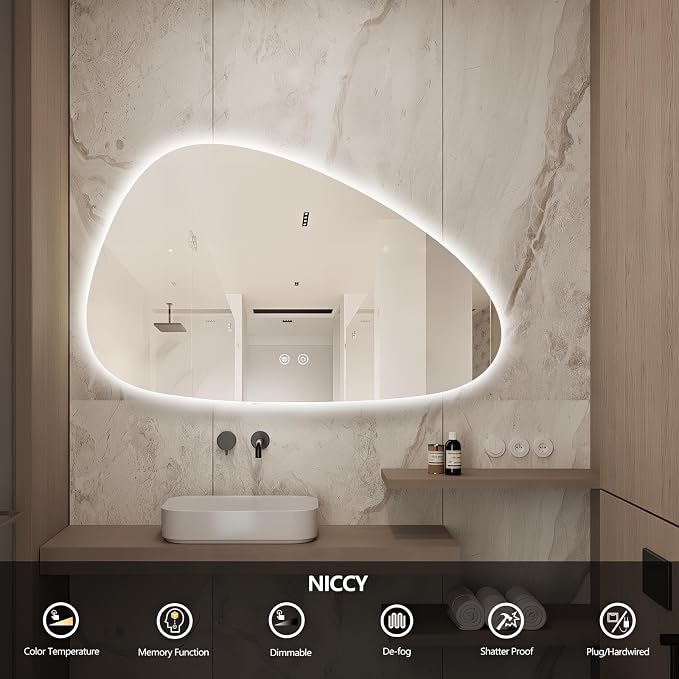 Niccy Irregular LED Bathroom Mirror, Frameless Backlit Wall Mirror, 24"x40" | Asymmetrica Lighted Mirror for Bedroom Living Room, Modern Smart-Mirror with 3 Color Lighting, Anti-Fog, Memory Function