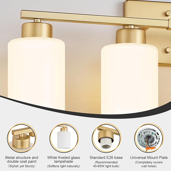 FonmYim Gold Bathroom Light Fixtures Vanity Lights Over Mirror | Modern 4-Light lighting fixtures for bathroom with Milky White Frosted Glass Shades, E26 Socket (Bulbs Not Included)