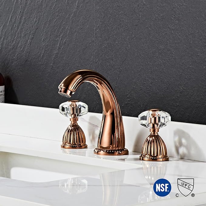 Wovier Rose Gold Widespread Bathroom Sink Faucet,Two Handle Three Hole Brass Lavatory Vanity Faucet,8-16 Inch Basin Mixer Tap with Pop Up Drain Assembly