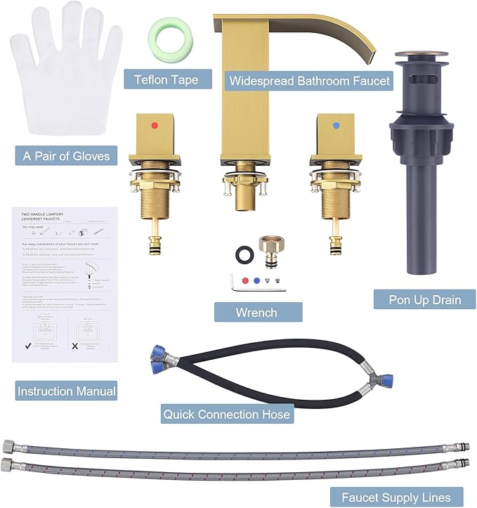 Brushed Gold Waterfall Bathroom Faucet: ARCORA 8 Inch Widespread Bathroom Faucets for Sinks 3 Hole, Modern 2 Handles Bathroom Sink Faucet with Pon Up Drain and cUPC Supply Lines