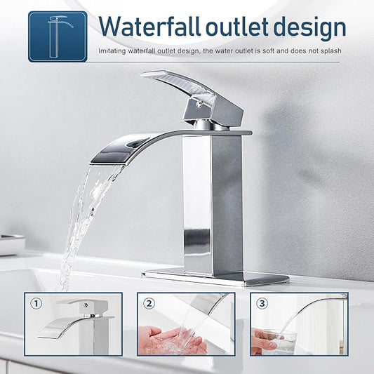 Chrome Bathroom Faucet Waterfall Single Handle Bathroom Sink Faucet with Metal Pop-up Drain, Bathroom Faucet One Hole or 3 Hole with Deck Plate