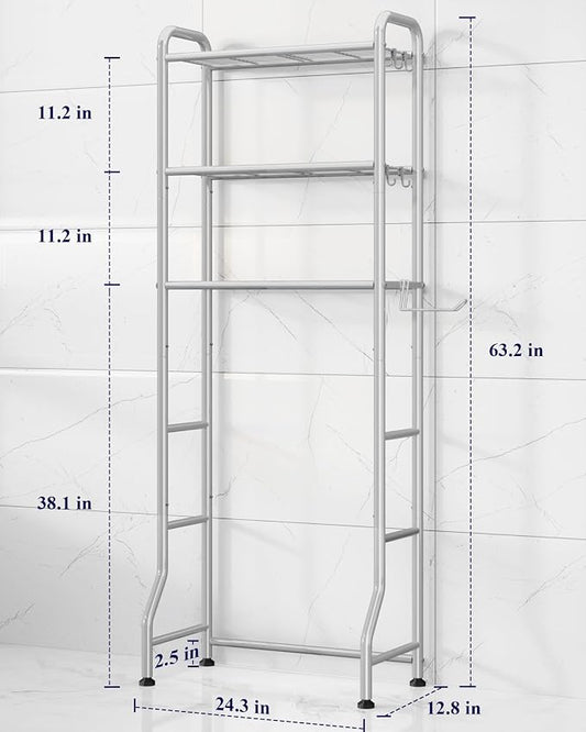 Kitsure Over Toilet Storage Rack, 63.2" H Space-Saving, Holder & Hooks | Bathroom, Laundry Room, Small Spaces, Families, Durable Metal, Silver, 3 Tier