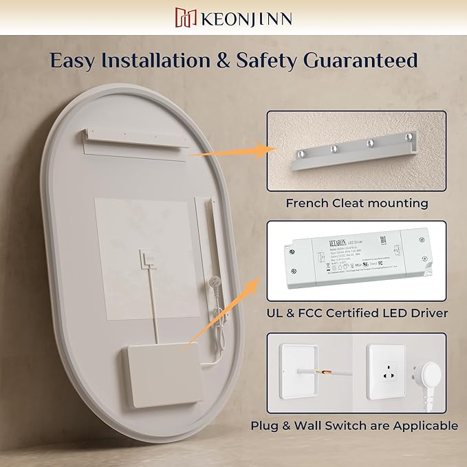 Keonjinn 24 x 36 Inch Oval LED Mirror with Backlit, Pill-Shaped Backlit Mirror Bathroom with HD Tempered Glass, UL-Listed Driver, 3000K/4500K/6500K, Defogging, Lighted Mirrors for Bathroom Wall