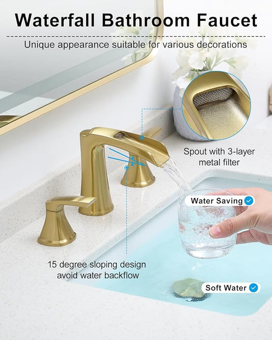 Fapully Bathroom Faucet 3 Hole, Polished Brushed Gold Waterfall 8 Inch Widespread Bathroom Sink Faucet with Pop-up Drain, Two-Handle Faucet for Bathroom Sink