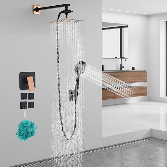 Shower Head 8'' High Pressure Rainfall, Handheld Shower Combo with 11'' Extension Arm, 5 Spray, Anti-leak Luxury Premium Quality, Rainfall Shower Head with Handheld Spray Combo, Rose Gold