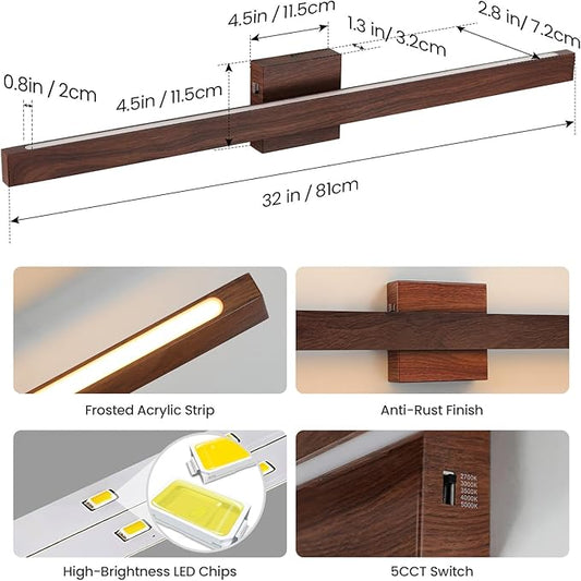 Modern Bathroom Light Fixtures Over Mirror, 32 Inch Brown Wood Finish Vanity Light Bar 26W Dimmable 5CCT LED Vanity Lights for Bathroom Wall Lighting Fixtures Over Mirror