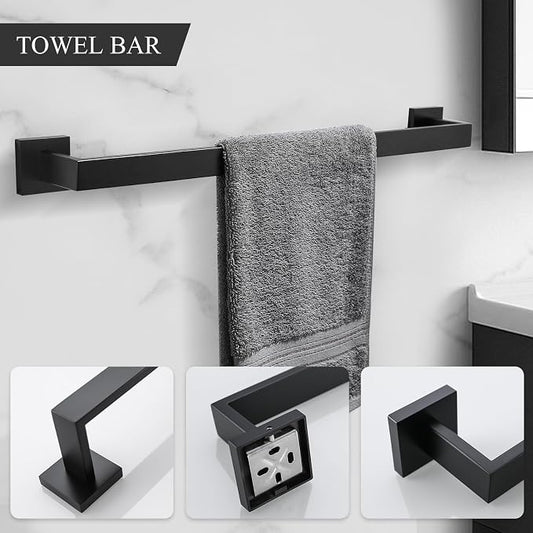 TURS 4-Piece Bathroom Hardware Set Black Towel Bar Set Stainless Steel Towel Bar Hand Towel Holder Toilet Paper Holder Towel Hooks Wall Mount