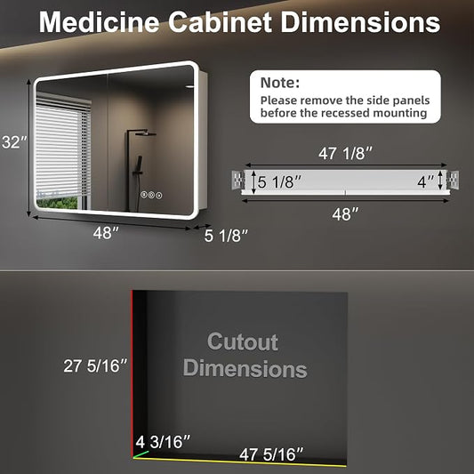 48 x 32 Inch Medicine Cabinet with Mirror and LED Light for Bathroom | Recessed, Wall-Mounted, Dimmable, Anti-Fog, Memory Function, 3 Color Mode, Outlet&USB, Adjustable Shelf, ETL Listed, Aluminum
