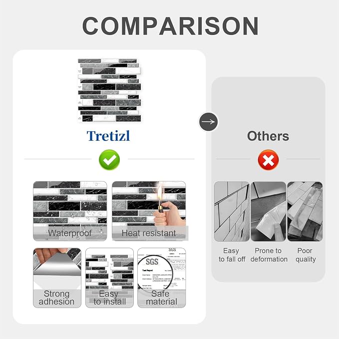 10 Sheets Peel and Stick Backsplash, Peel and Stick Wall Tiles, Marble Look Tiles Backsplash for Kitchen and Bathroom, Livingroom, 12”x12”,Black&White