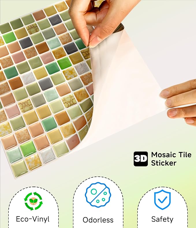 3D Mosaic Tile Sticker Removable Wallpaper Tile, 3D Self Adhesive Wall Tiles Bathroom Wall Tiles for Kitchen Backsplash Sunny Yellow,PVC Square Decorative Vinyl Decals,4 Sheets