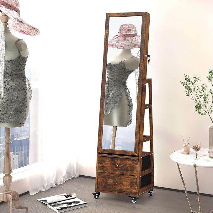 Rotating Jewelry Cabinet with Vanity Mirror Jewelry Armoire Lockable | Full Length Mirror with Storage Jewelry Organizer Standing Mirror with Drawers Wheels Christmas Gift for Girl Rustic Brown