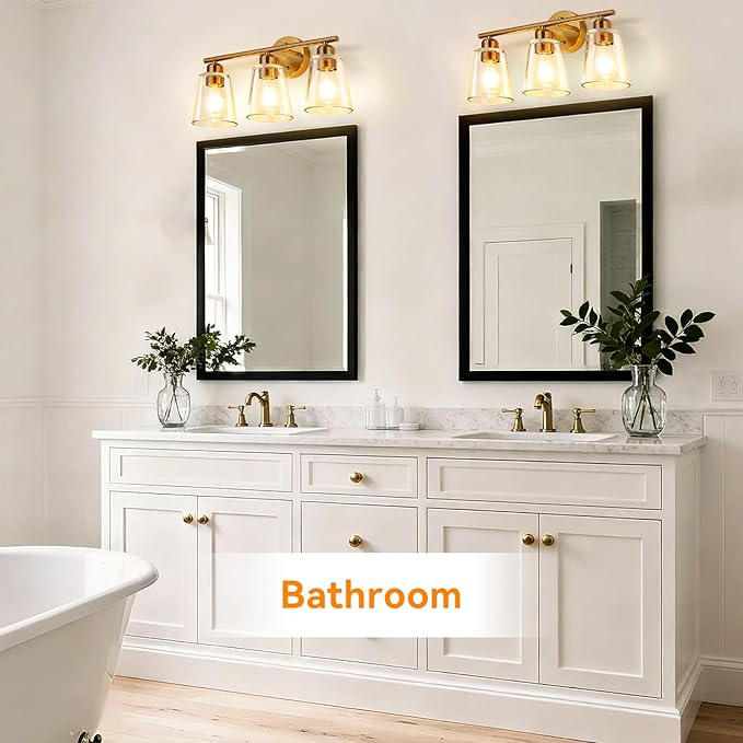 TALOYA 19 Inch Brushed Gold Bathroom Light Fixtures with Thickend Clear Tapered Glass Shade, 3-Light Modern Vanity Light Over Mirror for Bathrooms, Bedrooms (Bulbs Not Included)