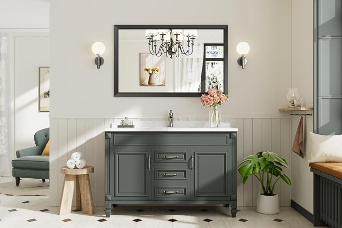 Black Metal Framed Bathroom Wall Mirror, 40x30 Inch | Anti-rust, HD tempered glass, for bathroom vanity, bedroom, living room, horizontal or vertical mount