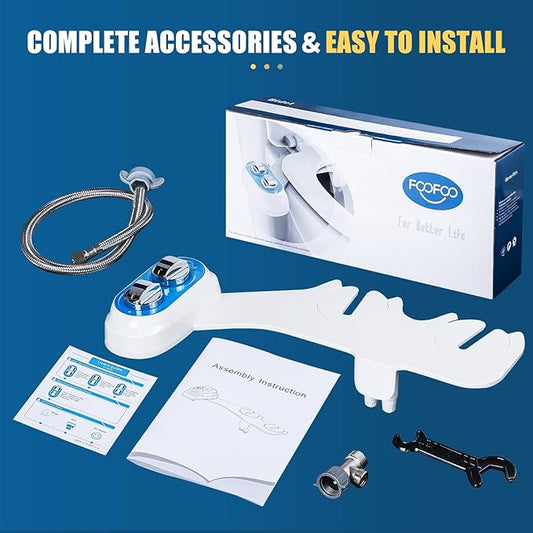 Non-Electric Bidet Attachment for Toilet, Dual Nozzle Rear & Feminine Wash | Easy to Install Self-Cleaning, Adjustable Water Pressure, for any Standard Two-piece Toilet
