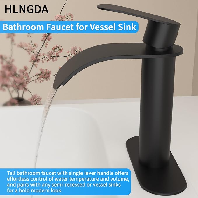 Vessel Sink Faucet,1 Hole Single Handle Tall Bathroom Vanity Faucets,Faucet for Bathroom Sink Modern Utility with Metal Pop Up Drain,Rv Lavatory Faucet Basin Mix Tap Solid Brass,Matte Black