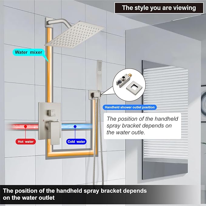 Midanya Shower Faucet Set,Wall Mount Shower System with Square Rain Shower Head and Hand Sprayer, Rough-in Valve Body and Trim Kit Included,8 Inch,Brushed Nickel