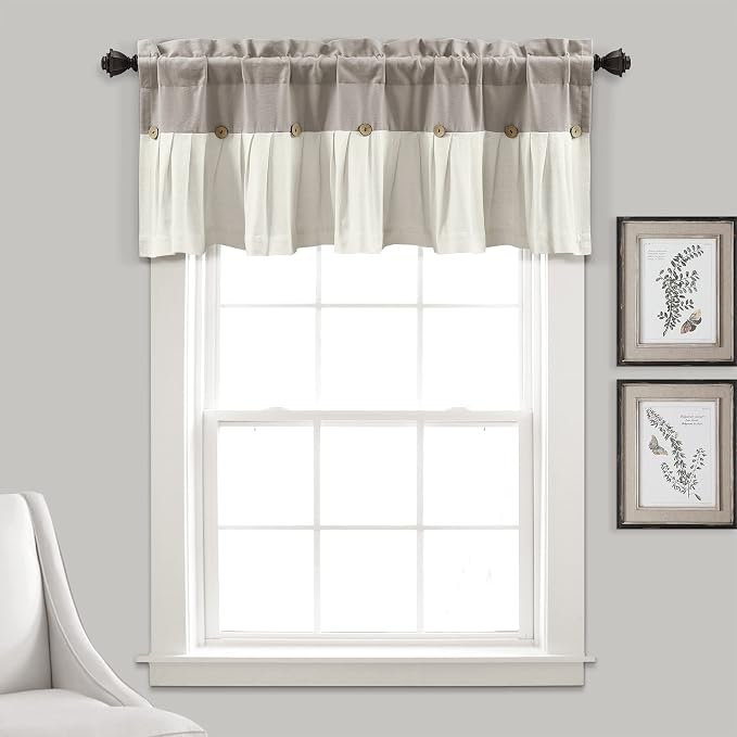 Lush Decor Linen Button Farmhouse Valance Curtians 52"W x 18"L Linen - Linen Valances For Windows - Kitchen Curtains Valances - Bathroom Curtain
