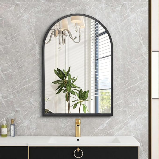 Arched Wall Mirror, 26"x18" Black Arch Mirror, Metal Frame Black Bathroom Mirror, Arched Vanity Mirror for Living Room Bedroom Mantel Entryway