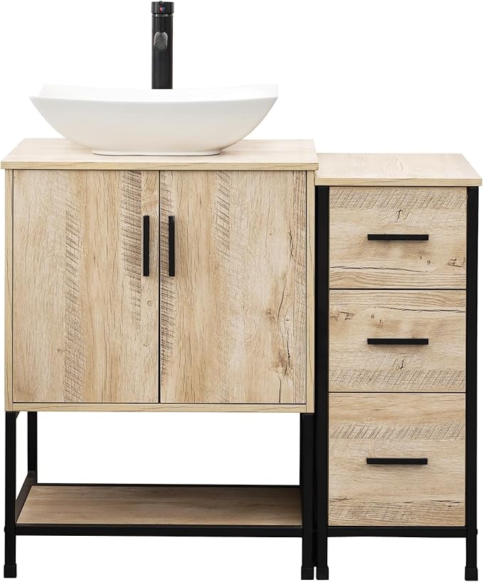 UEV 36" Rustic Oak Bathroom Vanity with Sink Combo,Industrial Iron Frame Bathroom Cabinet Sets with 3 Drawers Side Cabinet,Modern Artistic Ceramic Vessel Sink(032WH)