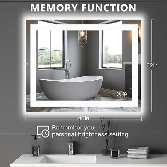 DUMOS 32.1"x40.1" LED Bathroom Mirror, Smart Anti-Fog Bathroom Vanity Mirror with 3 Color Temperatures, Dimmable, Memory Function